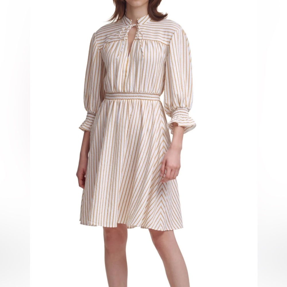 Calvin Klein white striped split neck dress